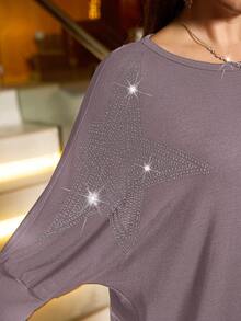 EMERY ROSE Plus Size Rhinestone Decor Round Neck Casual Versatile Long Sleeve T-Shirt Batwing Sleeve Top Rhinestone Top - Pink - View 6