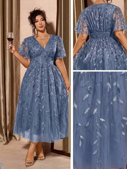 Cravure 大码优雅派对红色V领网纱亮片荷叶边连衣裙