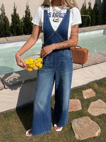 DAZY Women's V-Neck Urban Casual Denim Bib Pants And Jumpsuit - Medium Wash - View 4