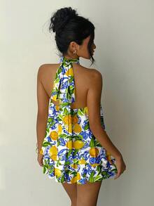 Aloruh 女士优雅柠檬水果波西米亚风印花迷你连衣裙，适合外出、度假、海滩、派对、婚礼、生日等场合。 - 彩色 - 查看 2