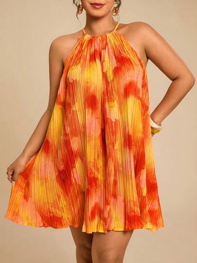 Travachic Plus Size Women's Summer Beach Vacation Tie-Dye A-Line Flowy Halter Mini Dress, Sexy And Cute For Lunch, Party, Date, Valentine's Day,Sun Dress