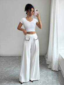 Elenzga Quần ống rộng màu trắng trơn dành cho nữ, phối cùng dải ruy băng màu tương phản, kiểu dáng thanh lịch và chuyên nghiệp, phù hợp cho công sở, các cuộc họp, giáo viên, học sinh, mặc hàng ngày, lễ hội, mùa xuân và mùa hè. - trắng - Xem 5