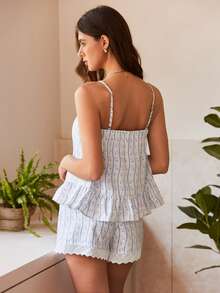 Bộ đồ ngủ nữ phong cách Bohemian giản dị, lãng mạn, họa tiết hoa sọc, bèo nhún, phối ren rỗng, áo hai dây, kiểu dáng rộng rãi, thích hợp cho kỳ nghỉ. - Nhiều màu - Xem 4