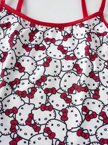 HELLO KITTY AND FRIENDS | SHEIN 女士可爱猫咪印花圆领吊带背心和内裤套装，舒适 - 紅白色 - 查看 4
