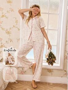 CottageSlumber Conjunto de pijama de manga corta con cuello de lazo floral romántico para mujer - Beis - Ver 1