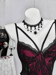 Coolane 女士秋冬四季皆宜 Y2K 哥特风狂欢装蕾丝弹力舒适不对称领口酒红色连体衣 - 酒紅色 - 查看 2