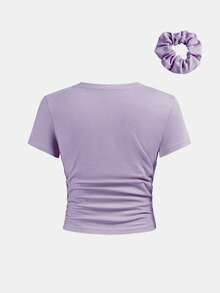 SHEIN Girlism 少女修身休闲圆领短袖T恤，侧边褶皱设计，附赠发圈 - 淺灰紫 - 查看 2