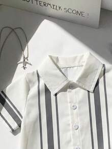 SHEIN 2 piezas Conjunto de camisa con cuello y pantalones cortos a rayas para bebé/niño pequeño unisex de 0 a 3 años, opción de moda de verano, adecuado para uso diario, salidas, viajes y vacaciones - Multicolor - Ver 5