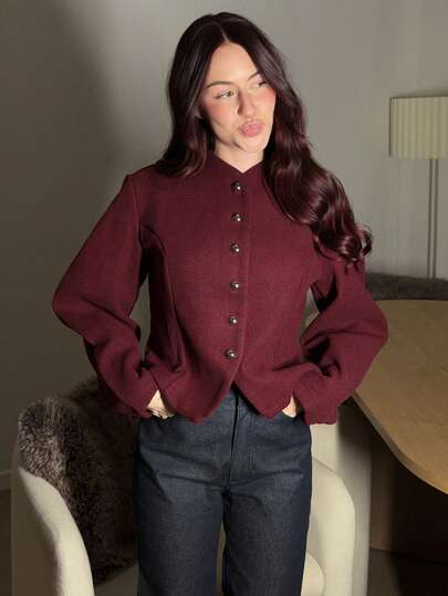 Abrilcols Elegant Burgundy Wool Blend Coat For Commuting, Autumn/Winter,Women's Winter Clothes,Women's Winter Jacket,Winter Clothes For Women,Winter Clothes,Autumn Clothes For Women,Fall Outfits For Women,New Year Women's Clothes,Christmas Women's Clothing,Long Sleeve Going Out Top,Chic Women's Jacket,Ankara Red Coat,Old Money Style,Casual And Business Commuting,Solid Color Jacket,Waisted Jacket,Metal Buckle Decoration