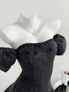 Elamini Women's Off-Shoulder Short Sleeve Ruffle Hem Fashionable Denim Dress - Grey - View 3