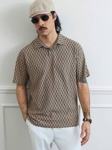 HUEFORM Men's All-Over Print Casual Versatile Summer Short Sleeve Polo Shirt Beige Graphic Polo Shirt - Khaki - View 4