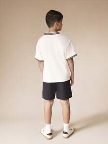 SUMWON Tween Boys Casual Polo Shirt And Shorts Co-Ord Set With V-Neck Collar And Contrast Stripe Trim Details Perfect Summer Two Piece Outfit - White - View 2