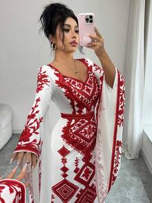 Elenzga 女士优雅时尚通勤休闲舒适迷人复古简约高端浪漫假日长袖V领收腰A字鱼尾下摆印花连衣裙，适合情人节 - 紅色 - 查看 8