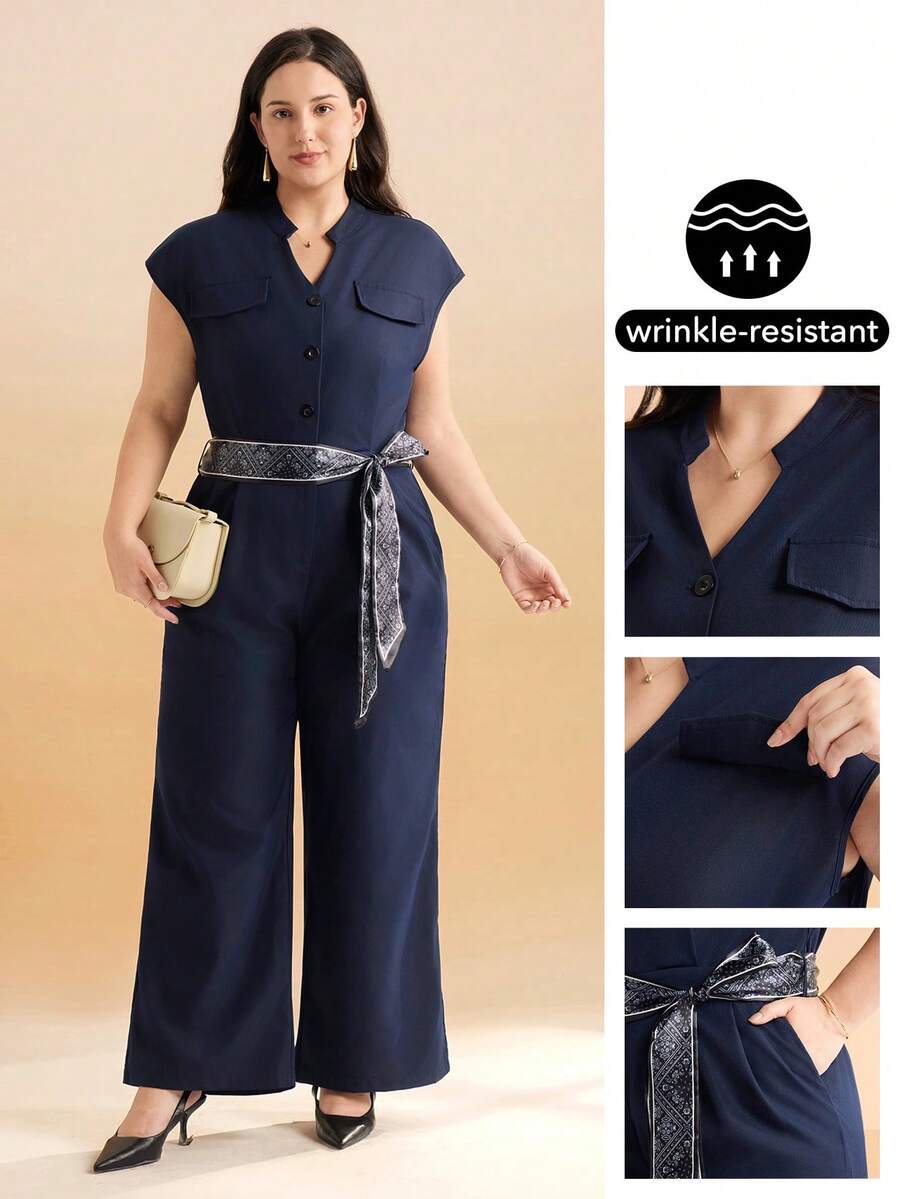 Momelise Plus Size Women's Minimalist V-Neck Hooded Sleeve Button Decor Printed Scarf Belt Casual Long Wide Leg Jumpsuit, Suitable For Commuting And Outdoor Wear - Navy Blue - View 1