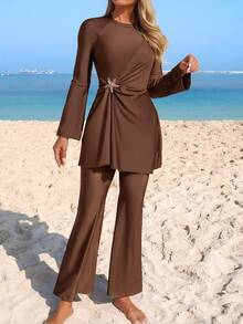 Swim Mulvari Women's Solid Color Metal Decor Long Sleeve Flare Sleeve Zipper Burkini, Suitable For Beach Vacation - Brown - View 8