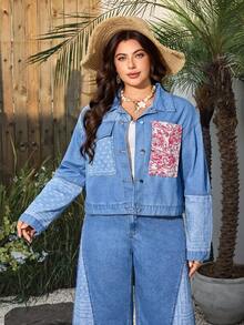 Breezaya Plus Size Women's Spring/Summer Patchwork Washed Denim Jacket - Multicolor - View 1