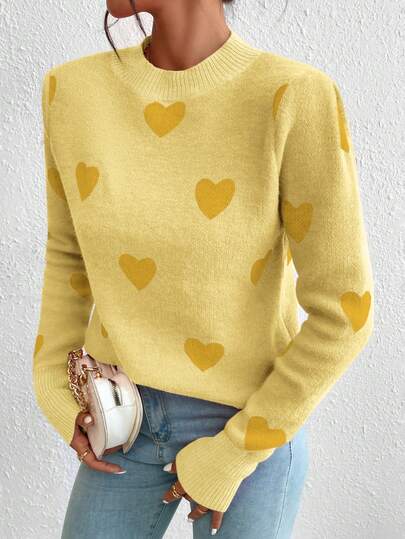 EMERY ROSE Heart Jacquard Crew Neck Casual Long Sleeve Women Sweater, Suitable For Valentine's Day, Autumn/Winter