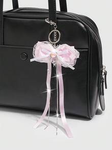 ROMWE 1Pc Kawaii Pink Heart Keychain For Girls, A Bowknot Ribbon Lace Heart Bag Pendant, A Mobile Phone Pendant, A Valentine's Day,, And Holiday Gift. - Pink - View 4