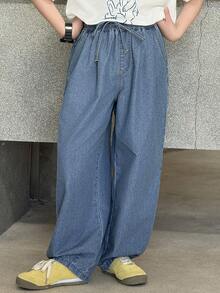 DAZY Pantalones vaqueros casuales de ajuste holgado con bolsillos en diagonal y cordón en la cintura para niño preadolescente - Azul - Ver 3