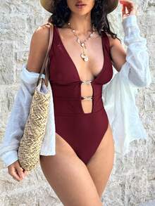 Swim Glamine 1pc Women's Solid Color Hollow Out Sexy One-Piece Swimsuit, Vacation - Burgundy - View 3