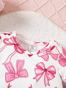 SHEIN Babygirl Cute Pink Bow Knit Top & Elastic Waist Pants Set, Summer - Pink - View 4
