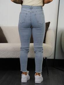 SAYEHFBABY Women's Solid Color Casual Denim Jeans - Blue - View 2