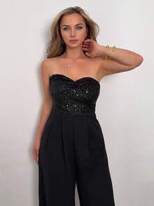 Jeta Ari Women's Black Sequin Patchwork Bandeau Jumpsuit,Prom Outfit, New Year Outfit,Christmas Outfit,Party Outfit ,Christmas Outfit , Fall Outfits For Women,Women's Corset Jumpsuit,Thanksgiving Outfit , Winter Outfit ,Black Christmas Outfit,Mermaid Outfit - Black - View 5
