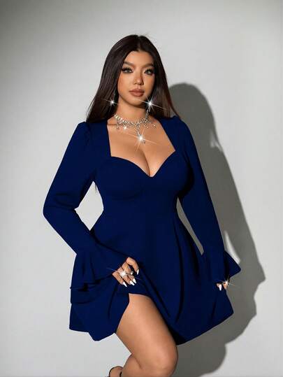 Viva Relle Vestido corto de mujer talla grande elegante, sexy y minimalista para fiestas y uso diario, con cuello de corazón, mangas largas con puños acampanados, cintura elástica y falda acampanada en línea A, para otoño/invierno