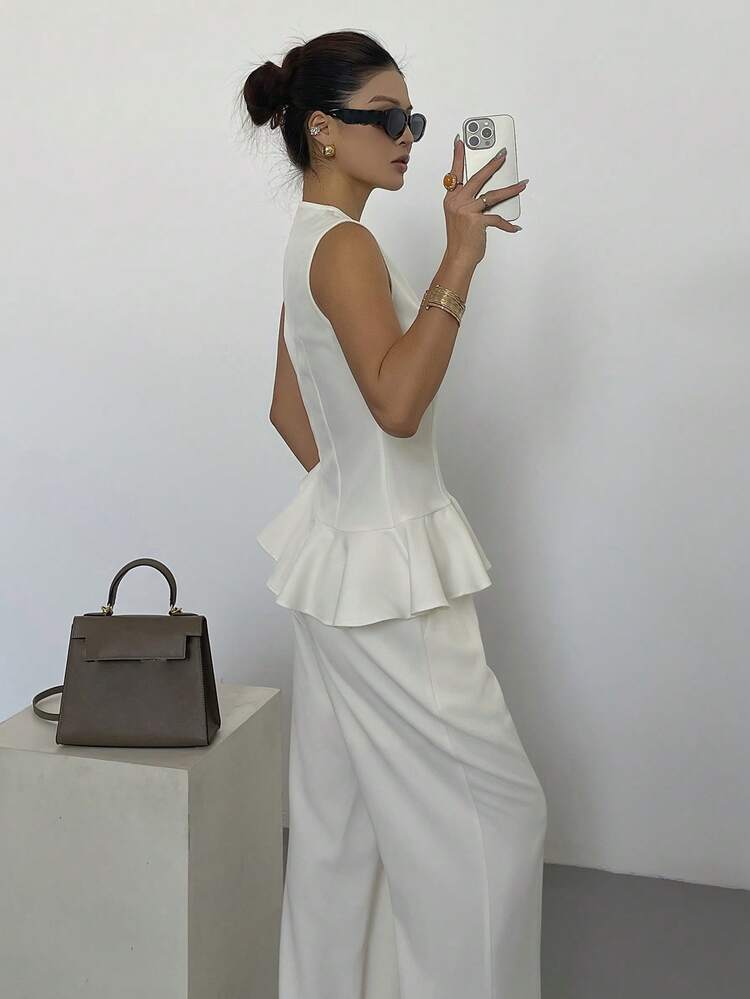 2pcs Women's Spring Elegant Commuter White Round Neck Ruffle Hem Top And Casual Pants Set