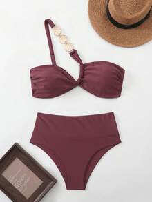 Swim Chiccia Costume da bagno bikini da donna con design a treccia, con spalline sottili, colore rosso vino, adatto per spiaggia/mare, estate - Colore mogano - Visualizzare 2
