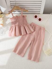 Souflis Souflis Set Atasan Camisole Musim Panas Berbahan Tenun dengan Tali Bahu Tipis dan Hem Bergelombang Warna Polos untuk Bayi Perempuan - Berwarna merah muda - View 2
