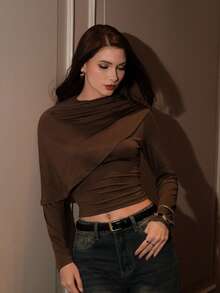 Modelyn 1pc Women's One-Shoulder Fitted Long Sleeve Elegant Commuter T-Shirt - Coffee Brown - View 4