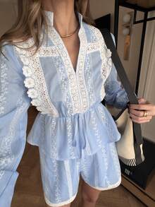 Pariaura Women's Minimalist Casual French Lace Paneled Embroidered Resort Style Long Sleeve Top And Shorts Two-Piece Set  Women's Two-Piece Outfit   Spring   Spring Outfit Women   Spring Break Outfits   Spring Clothes Women   Valentine's Day    Valentine Outfits For Women   Valentines Day Outfit   Beach Outfits For Women   Beach Outfit For Women   Beach Set   Vacation Outfits Women  Vacation Outfits For Women   Holiday Outfits   Casual Sets For Women Blue And White Outfit Lace Detail Top Light Blue Summer Outfit Embroidered Blue Set Two Piece Short Set Blue And White Lace Top Light Blue Short Set French Style Top Peplum Top Embroidered Lace Set - Blue and White - View 1