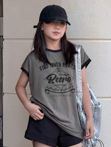 Dazy Kids Tween Girls' Casual Letter Graphic Contrast Trim Round Neck T-Shirt, Summer - Dark Grey - View 3