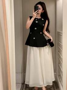 DAZY Damen Rundhals-Ärmellos Pailletten-Dekor Taille Raffung Lässig Trägertop und langer Rock elegantes Kontrastfarben 2-teiliges Set - Verschiedenfarbig - Übersicht 2