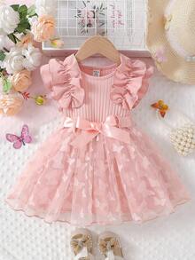 SHEIN 女婴荷叶边短袖罗纹蝴蝶结网纱圆领夏季公主风休闲粉色连衣裙，配腰带 - 粉色 - 查看 3