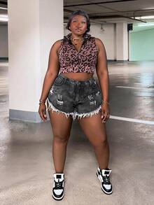 CurvyTilda Plus Ripped Raw Hem Denim Shorts - Black - View 3