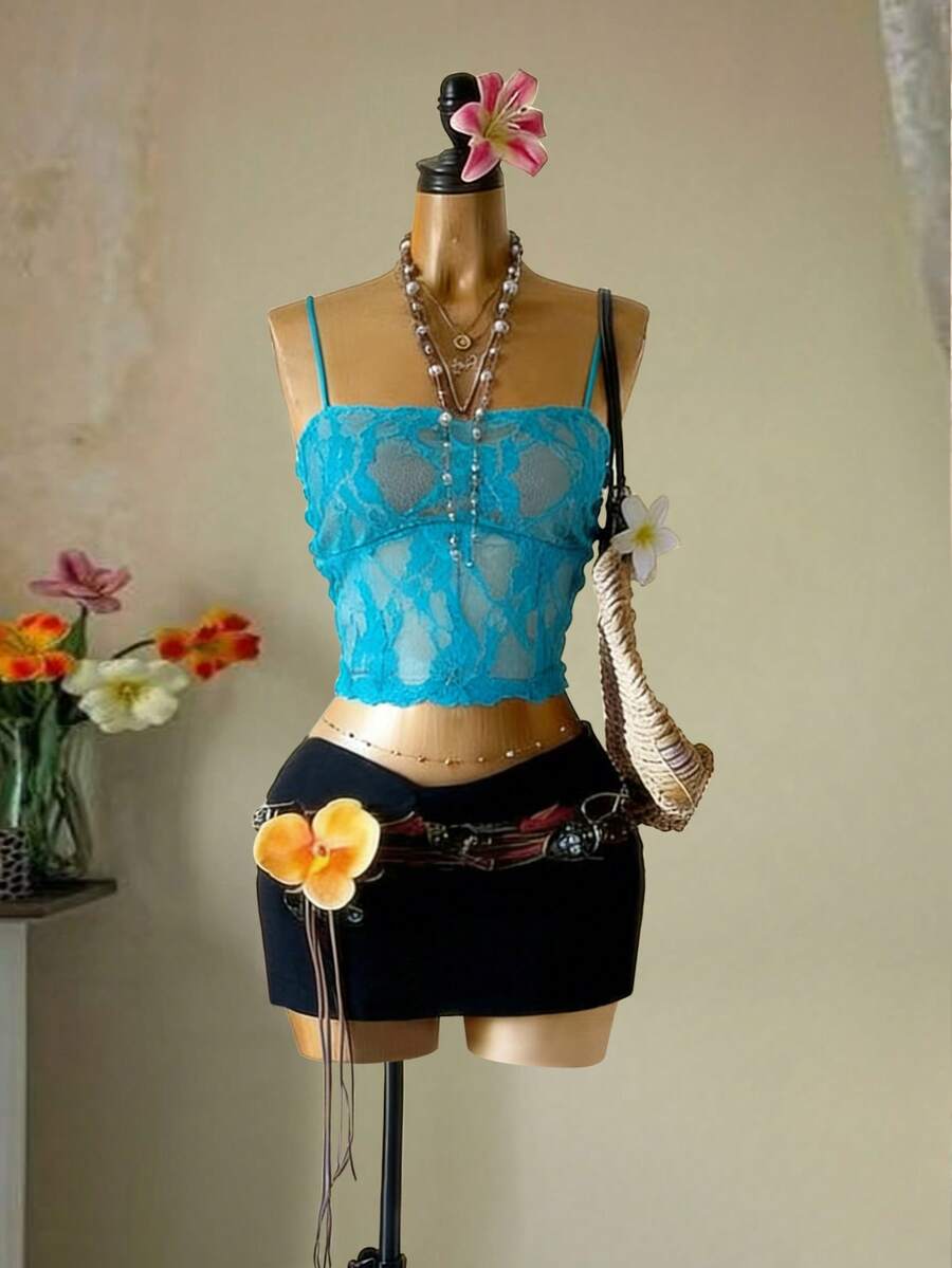Lyxana Women's White Lace Backless Camisole - Blue - View 1