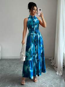 Elenzga Women's Casual Floral Print Button Front Ruffle Hem Sleeveless Dress, Summer - Blue - View 5