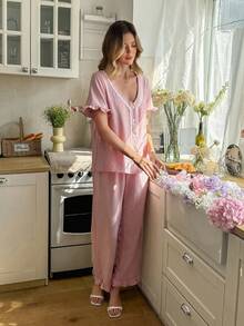 SHEIN Women's Casual & Fresh V-Neck Ruffle Contrast Lace Short Sleeve Top And Pants Pajama Set, Pink Bubble Texture - Pink - View 5