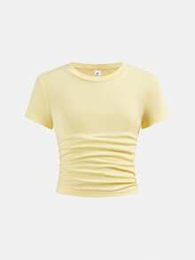 SHEIN Girlism 少女修身休闲圆领短袖T恤，侧边褶皱设计，附赠发圈 - 芥末黃 - 查看 6