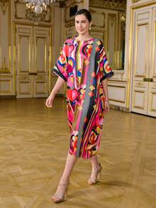 LOTSLUV 女士情人节时尚彩色爱心抽象印花宽松不对称下摆印花连衣裙 - 彩色 - 查看 1