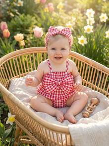 SHEIN Vintaside Kids 2件套女婴时尚可爱条纹露肩连体衣和发带套装，夏季派对 - 紅色 - 查看 9