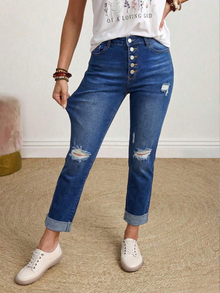EMERY ROSE Jeans de mezclilla casual con bolsillos y rotos para mujer - Azul - Ver 1