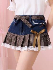 ROMWE Kawaii 女士波点撞色蕾丝边饰腰带褶裥牛仔迷你裙 - 深色水洗藍 - 查看 8