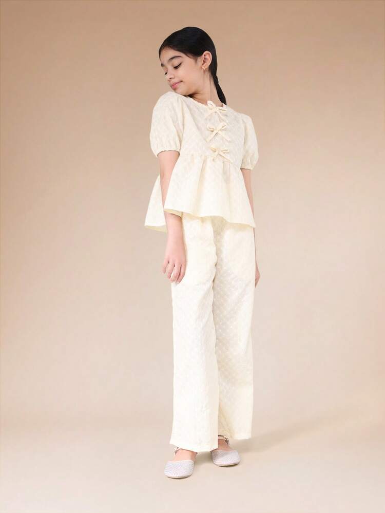 Puff Sleeve Blouse And Straight Pants Set