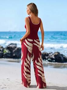 Sylviya 2pcs Women Casual Outfit, Leaf Print Top With Serrated Hem And Pants Set Summer Clothes Beach Outfits For Women Beach Set Vacation Outfits Women Two Piece Set Women - Multicolor - View 2