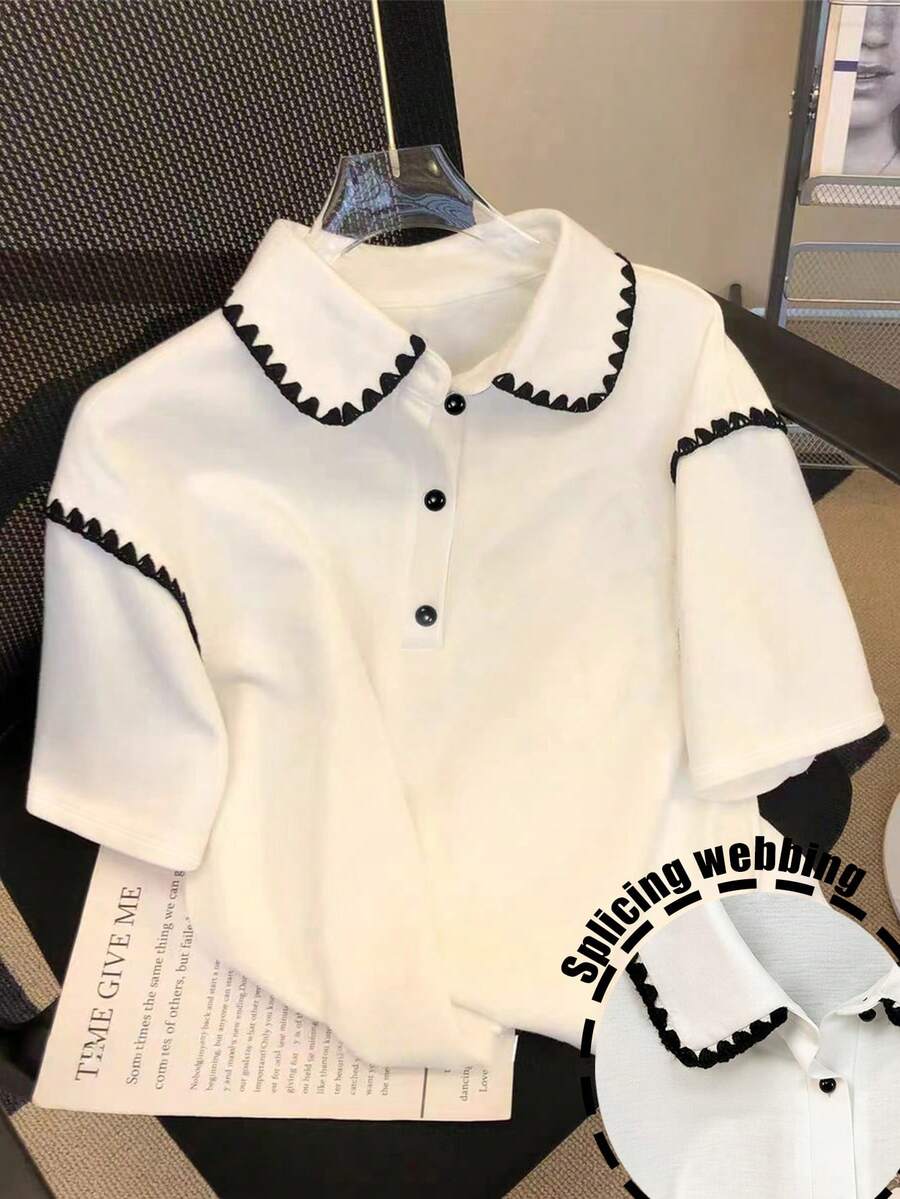 GlowEve Women's Floral Trim Polo Collar Short Sleeve Casual Versatile T-Shirt - White - View 1