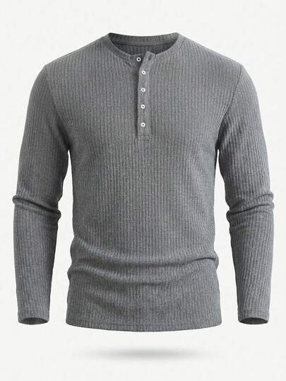 HUEFORM Men's Old Money Casual Solid Color Henry Collar  Combination VersionT-Shirt,Ribbed Fabric, Highly Elastic, Forgiving Of Different Body Types, Simple And Versatile Textured Fabric Top Grey Top Men Men Buttoned Knitted Top