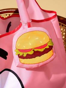 SpongeBob SquarePants | SHEIN 1个可爱卡通人物印花可折叠购物袋/手提袋，带小收纳袋和可挂在袋子上的珠链，蟹黄堡图案，粉色，可爱，卡哇伊 - 粉色 - 查看 7